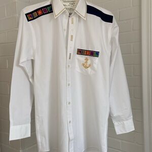 Mens Nautical Sailor White Shirt Embroidered Accents And Gold Studs Size S